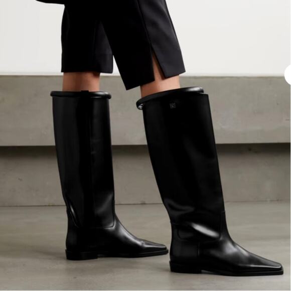 AUTHENTIC Toteme 9.5 Leather Riding Boot Square Toe Pull On Shiny Black EU40 UK7 - Picture 4 of 13